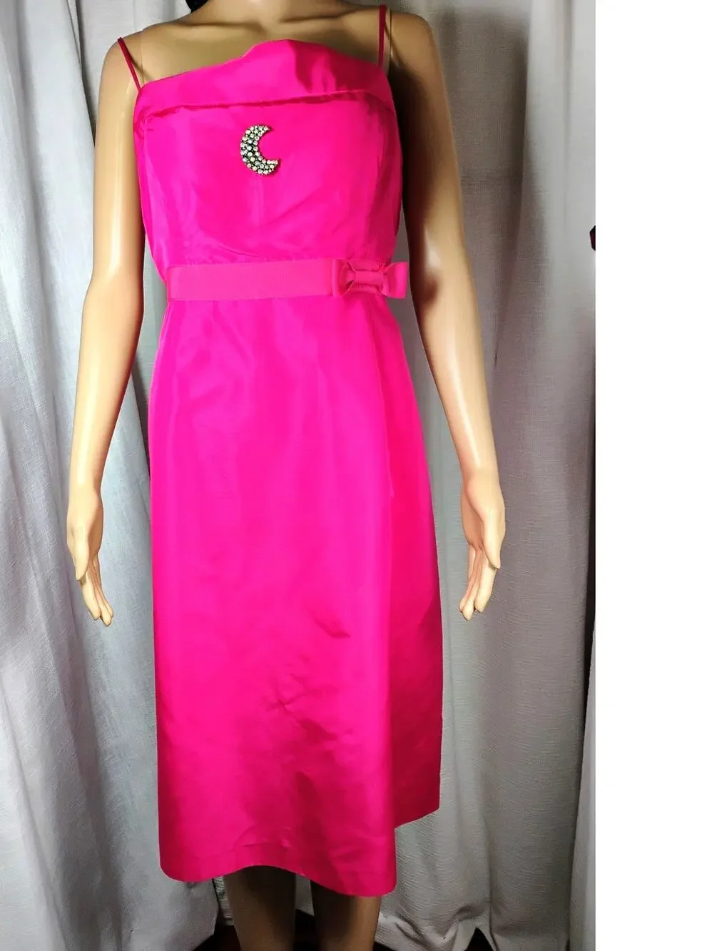 J Crew Womens 16 Hot Pink Silk Taffeta Dress AB Crescent Brooch Spaghetti Strap
